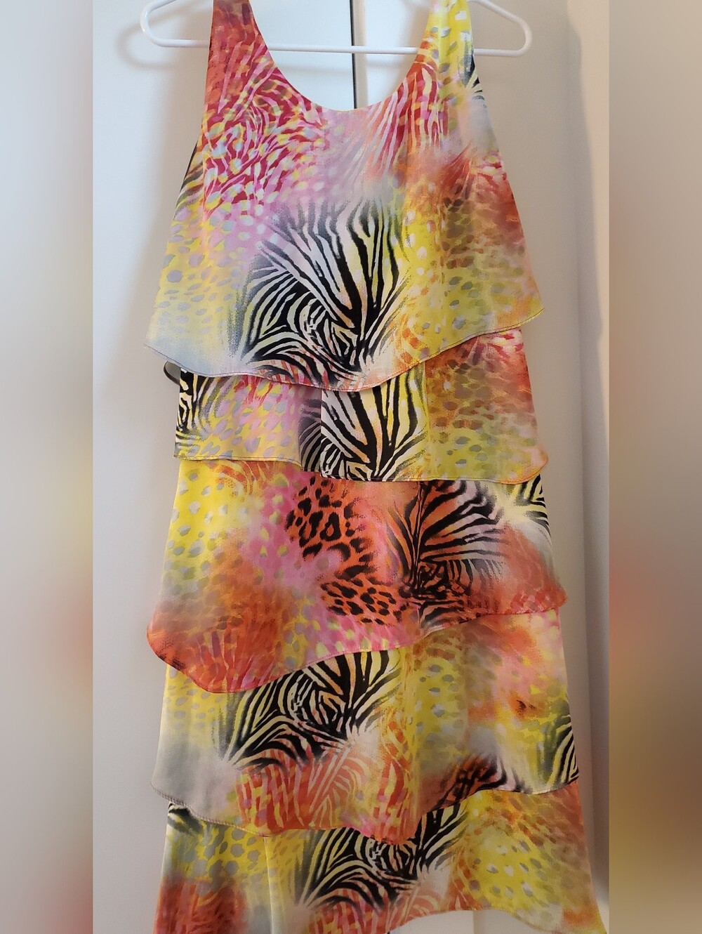 Simon Chang- Tiered Tropical Zebra Print Party Midi Dress Sz.10-12 PTP 23 - Picture 6 of 9